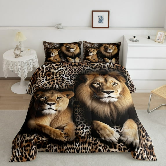 Twin Comforter Set Black 3D Lion Bedding Wild Animal Theme Bed Comforter Set, Leopard Print Duvet Insert Teens Cheetah Quilt with 1 Pillowcase