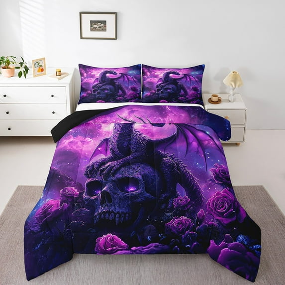Twin Dragon Comforter Set ,Gothic Purple Rose Skull Dragon Bedding Set Teen,Western Fantasy Animal Down Comforter Nebulas Wildlife Quilt Set Magical Room Decor
