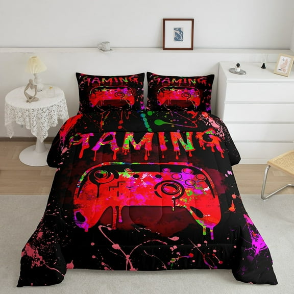 Erosebridal Twin Gamer Bedding Sets Gaming Comforter Sets Teens Video Gamer Room Decor,Gamepad Controller Gamer Comforter Set Black Red Green Tie Dye Bed Set 2Pcs