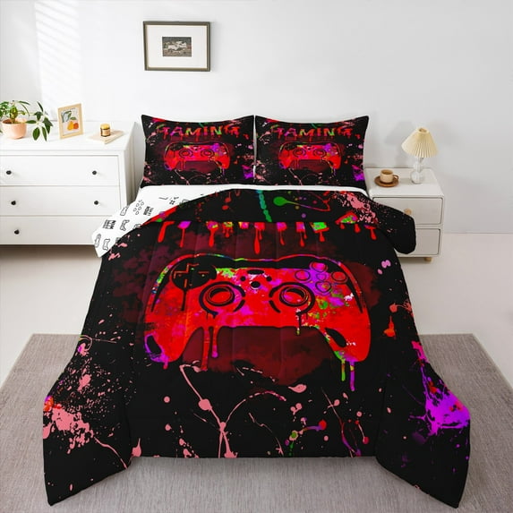 Erosebridal Twin Gamer Bedding Sets Gaming Comforter Sets Teens Video Gamer Room Decor,Gamepad Controller Gamer Comforter Set Black Red Green Tie Dye Bed Set 2Pcs