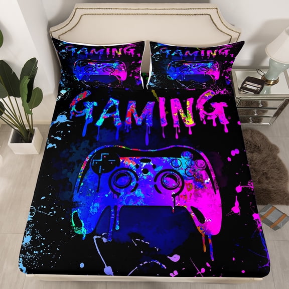 Twin Gamer Bedding Sets Gaming Fitted Sheet Teens Video Gamer Room Decor,Gamepad Controller Gamer Bed Sheets Black Blue Pink Tie Dye Bed Set