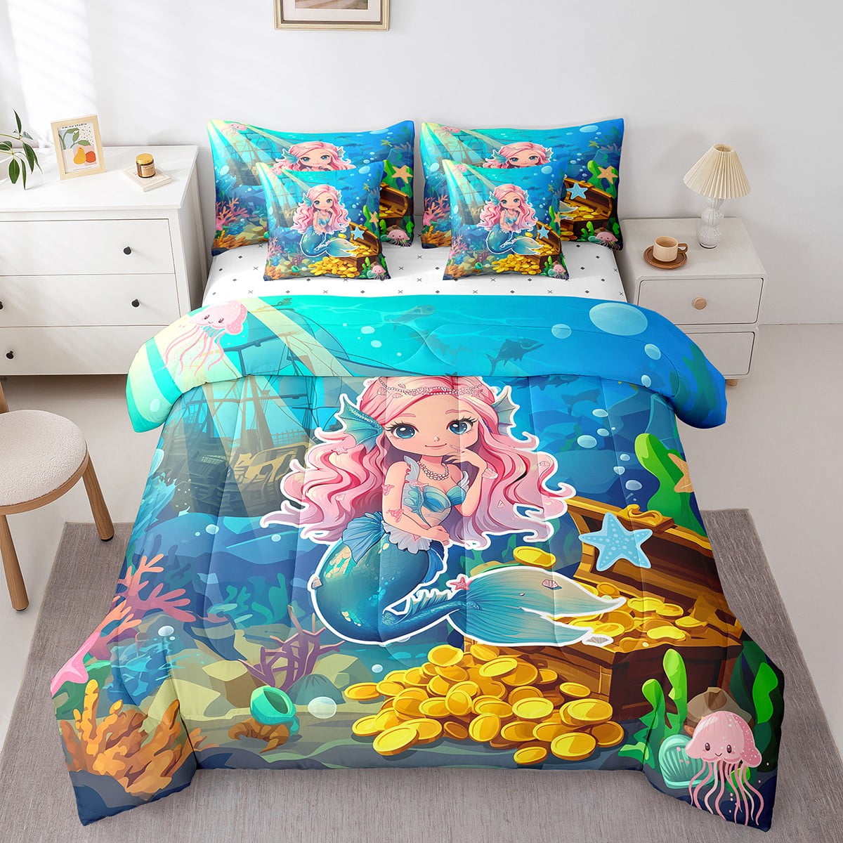 YST Twin Mermaid Bed Set for Girls Kawaii Mermaid Princess 7 Piece Bed in a Bag for Child Kids Teens Coastal Marine Life Comforter Set Underwater World Fitted Sheet Jellyfish Sailboat Sheets Walmart B...