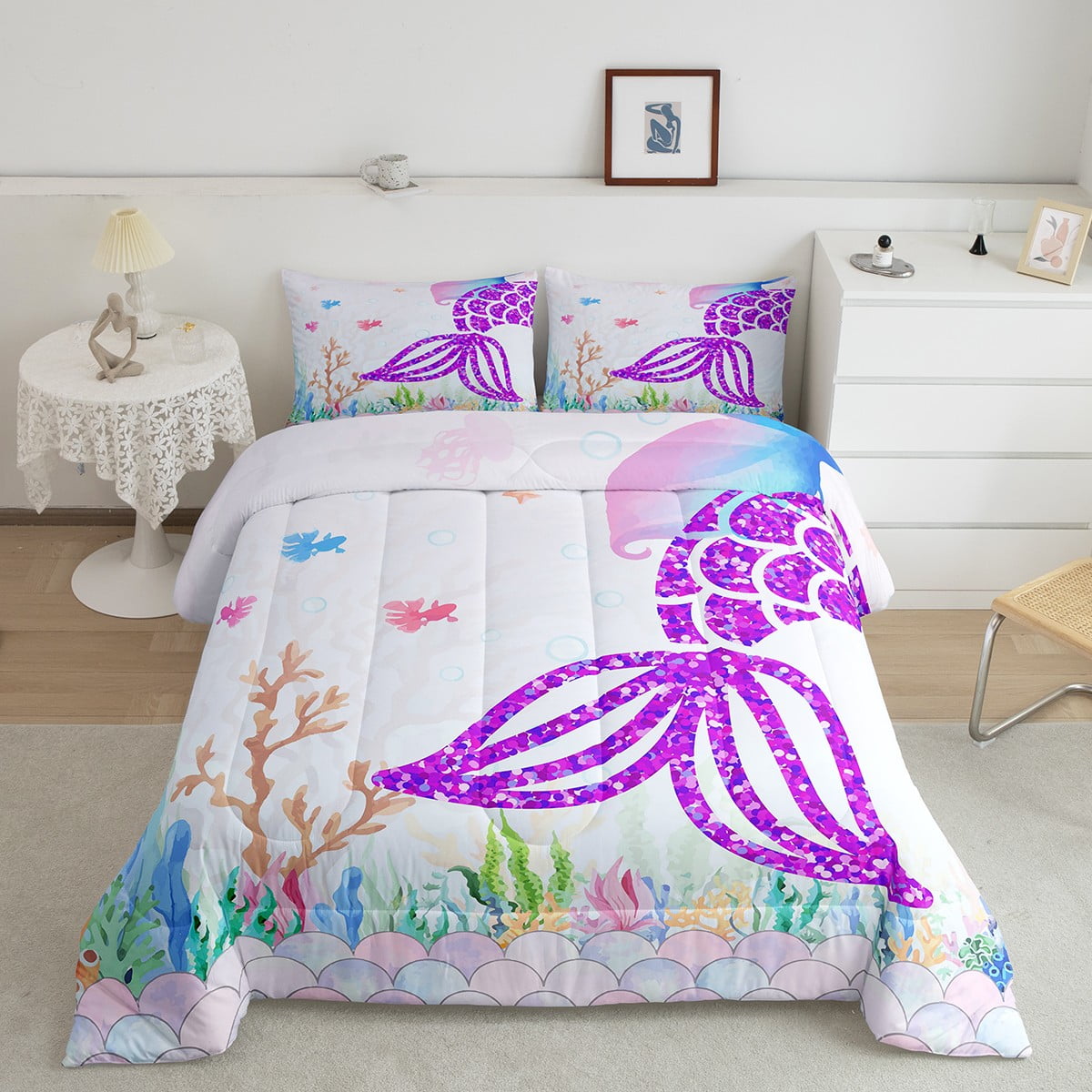 YST Twin Mermaid Bedding Sets For Girls, Pastel Glitter Mermaid Tail