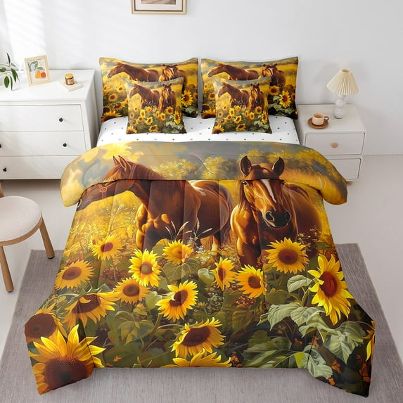 Twin Size Horse Bedding Sets 7 Piece Rustic Farmhouse Floral Bed in a Bag Sunflower Home Decor,Wildlife Animal Comforter Set with Fitted Sheet,Flat Sheet,Pillow Cases & Covers