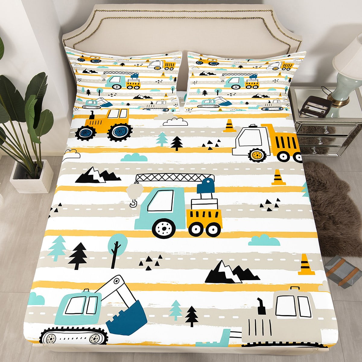YST Twin Truck Bed Sheets Construction Vehicle Fitted Sheet Truck Room