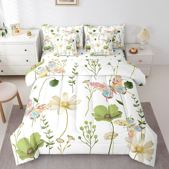 Twin Watercolor Flower Bed In A Bag 7 Piece,Olive Green Beige Butterfly Floral Bedding Sets Teens Women Bedroom,Rustic Farmhouse Comforter Set Branches Pastoral Sheet Set
