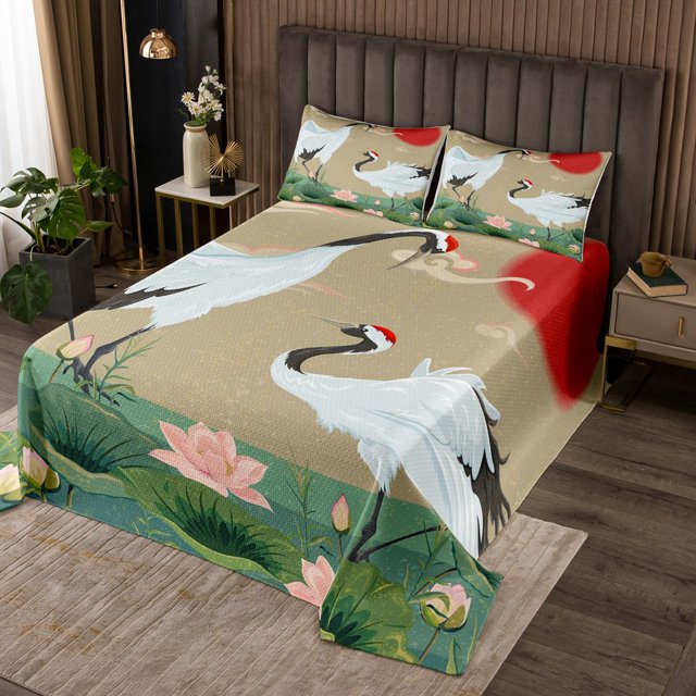 YST UkiyoE Queen Quilt Set Exotic Oriental Coverlet Set, Japanese Style Bedding Set Chic Pink