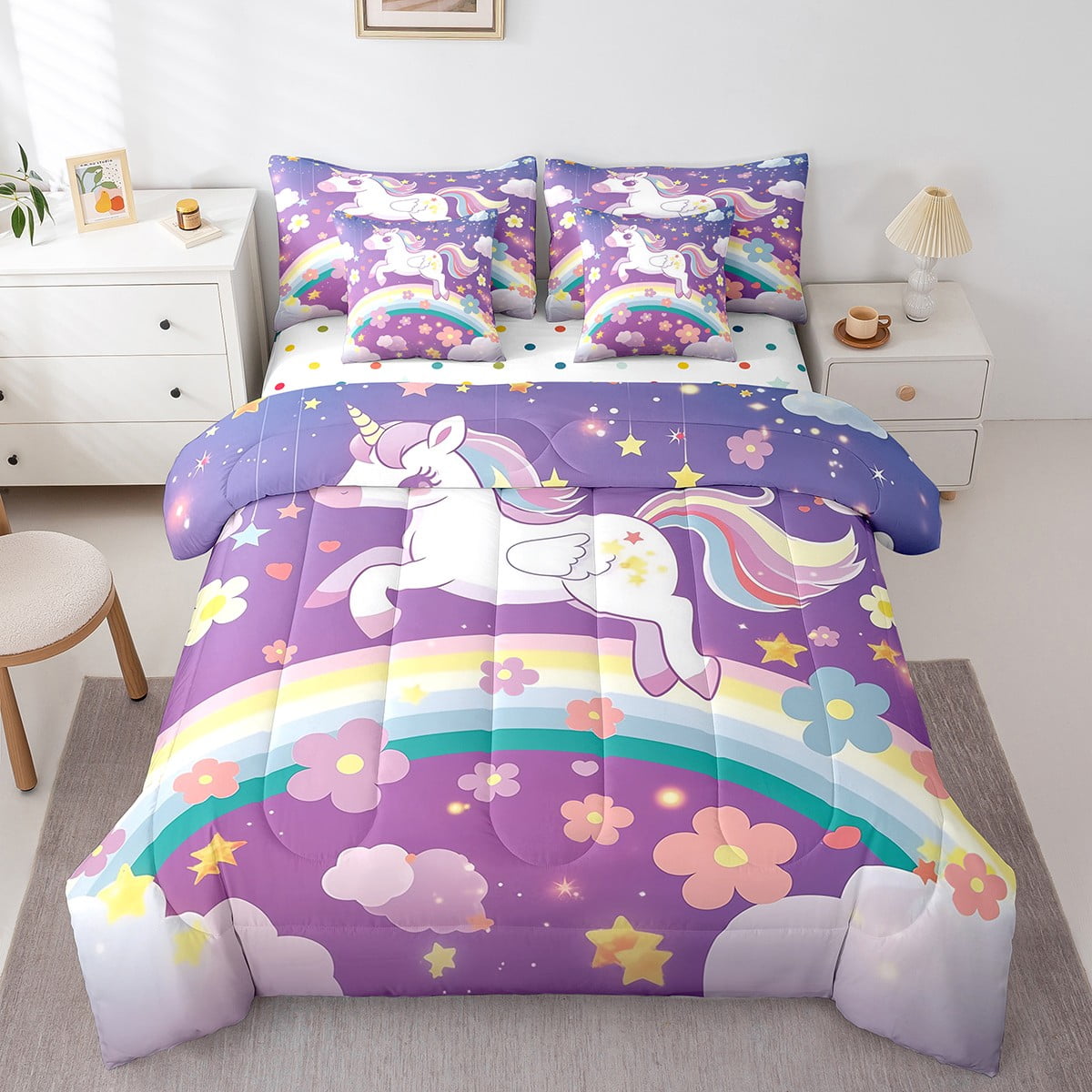Unicorn 7 Piece Bed in a Bag Full Size,Cartoon Rainbow Unicorn ...
