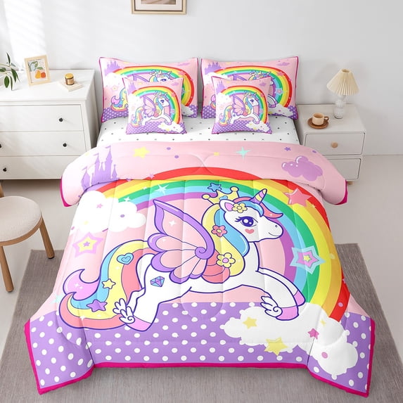 Erosebridal Unicorn Bedding Set 7Pcs King Size Cute Unicorn Butterfly Wings Comforter with Sheets Teens Kawaii Star Rainbow Unicorn Sheet Set with Pillowcases & Throw Pillow Covers