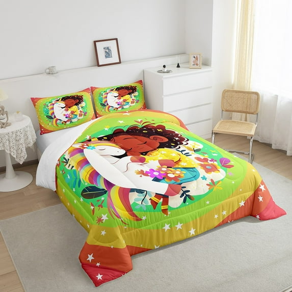 Erosebridal Unicorn Comforter African Black Little King Bedding Sets Cute Comforter Sets Rainbow Colorful Floral Decor Bed Set Reversible Stars 1 Comforter And 2 Pillow Cases