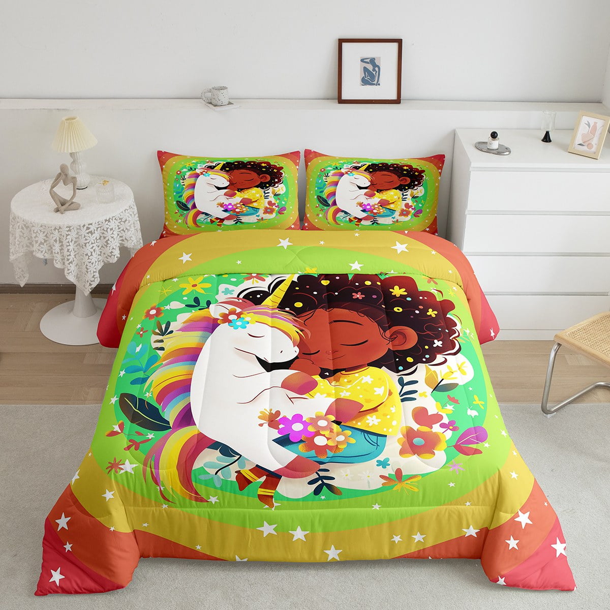 YST Unicorn Comforter African Black Little Girl Queen Bedding Sets For Girls Kids Cute Comforter