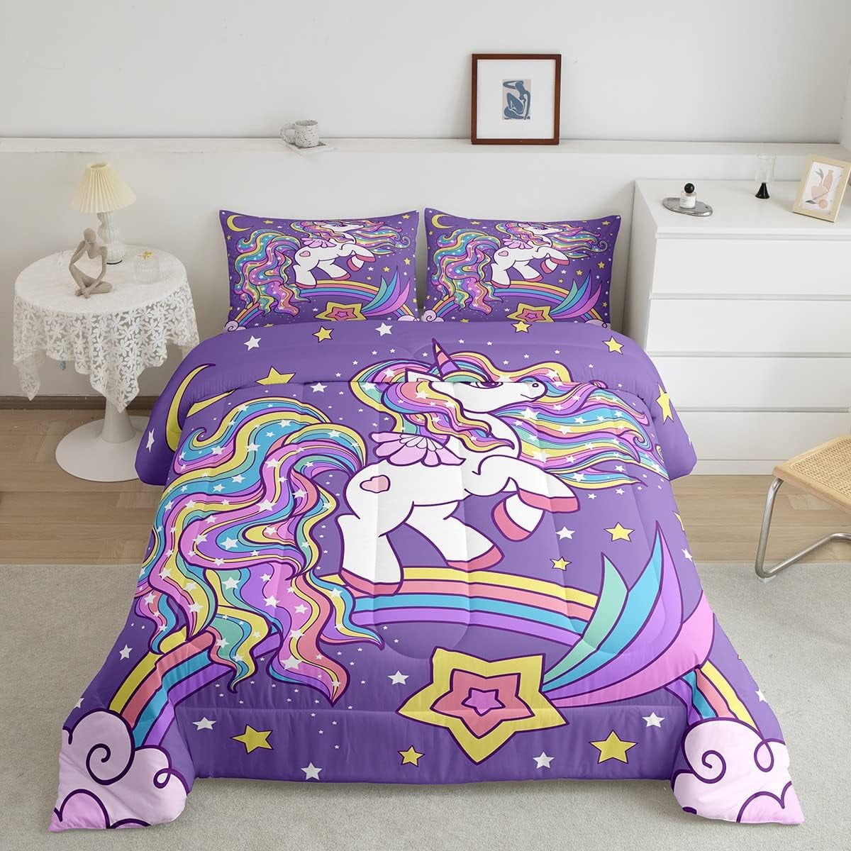 YST Unicorn Comforter Set Unicorn Glitter Bedding Set Girls Cute Unicorn Comforter Rainbow