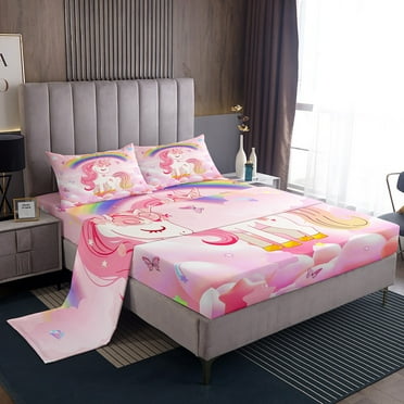 Unicorn Bedding Set Twin Size Cute Rainbow Unicorn Bed Sheets Set Cartoon Kawaii Cute Sheet Set Pink Unicorn Top Sheet Stars Fantasy Room Decor Teens ,Deep Pocket
