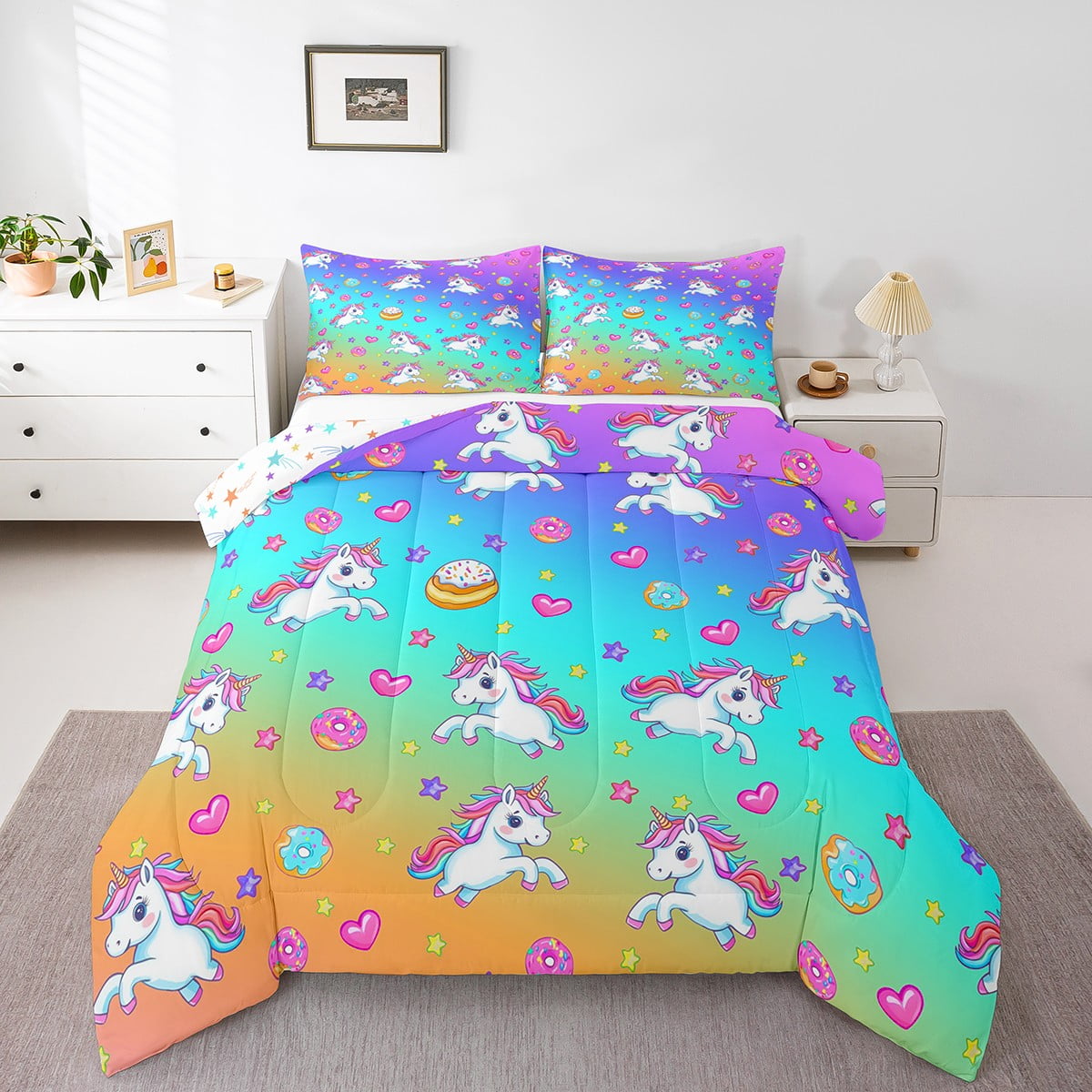 YST Unicorn Girls Bedding Set Twin Size, Rainbow Gradient Comforter Set