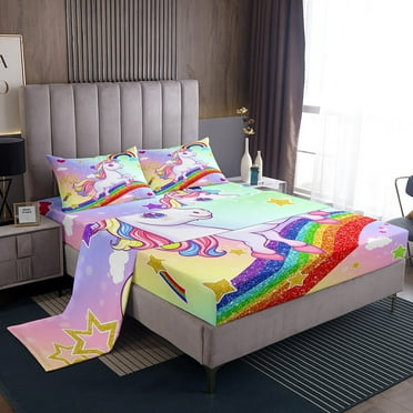 Erosebridal Unicorn Sheet Set,Twin Size Rainbow Unicorn Bed Sheets Set,Cute Sheets for Birthday,Watercolor Pastel Unicorn Room Decor for Princess 3pcs,Wrinkle Free