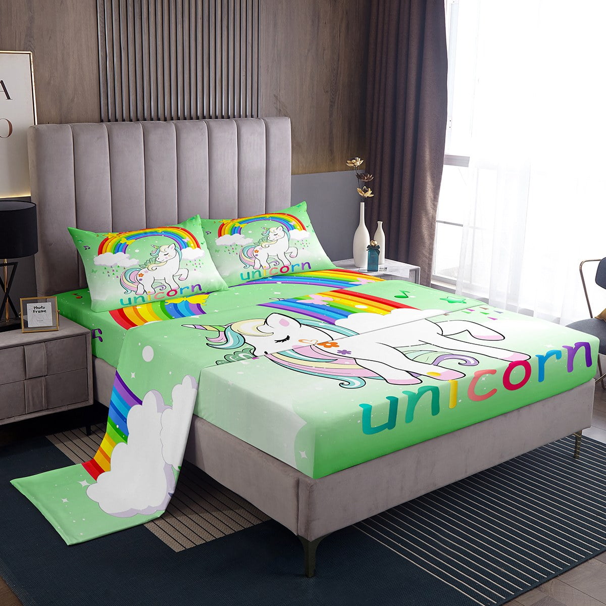 Unicorn Queen Sheet Set Kawaii Cute Unicorn Print Bed Sheets Set Girly ...