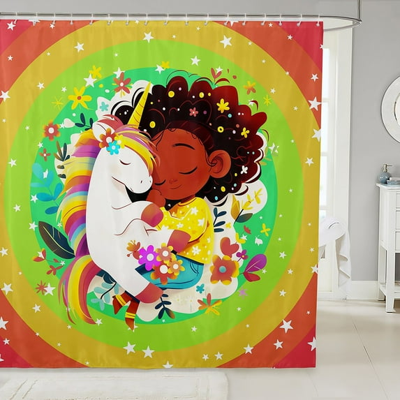 Unicorn Shower Curtain African Black Bathroom Shower Curtain 72"Wx72"L Cute Bath Curtain Rainbow Colorful Floral Decor Bathroom Accessories 12 Hooks