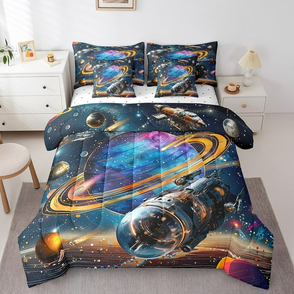 Universe Galaxy Twin Comforter Set 7-Piece Trippy Outer Space Bedding Sets,Colorful Planets Bed In A Bag Sparkling Stars Sheet Set With Comforter Planet Home Decor
