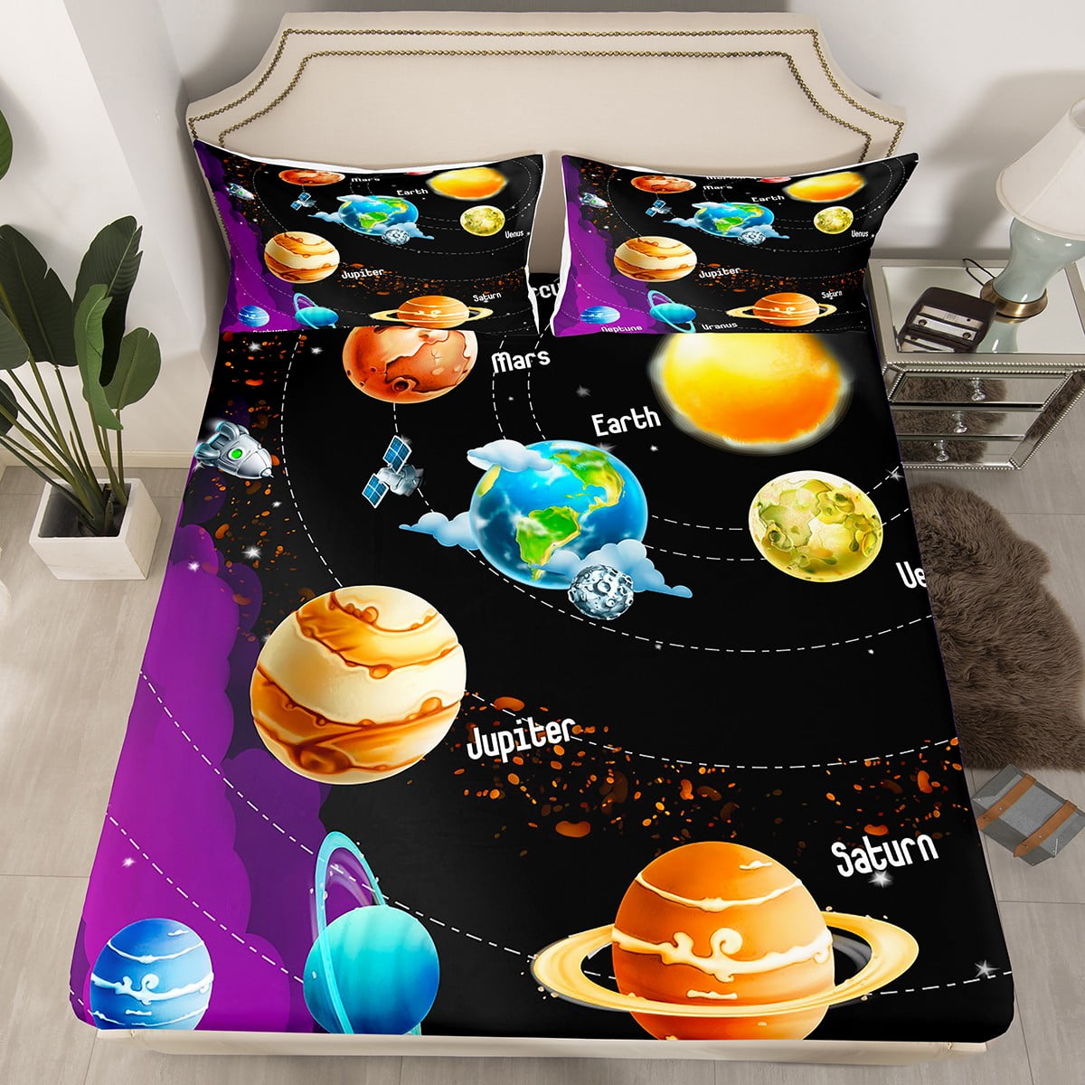 YST Universe Room Decor Bed Sheets Queen Size Outer Space Fitted Sheet ...