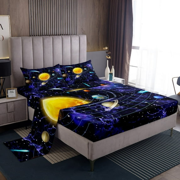Erosebridal Universe Themed Bed Sheets Set Outer Space Queen Fitted Sheet Solar System Sheet Set, Space Planet Print Flat Sheet for Teens Purple Galaxy Starry Sky Bedding Set