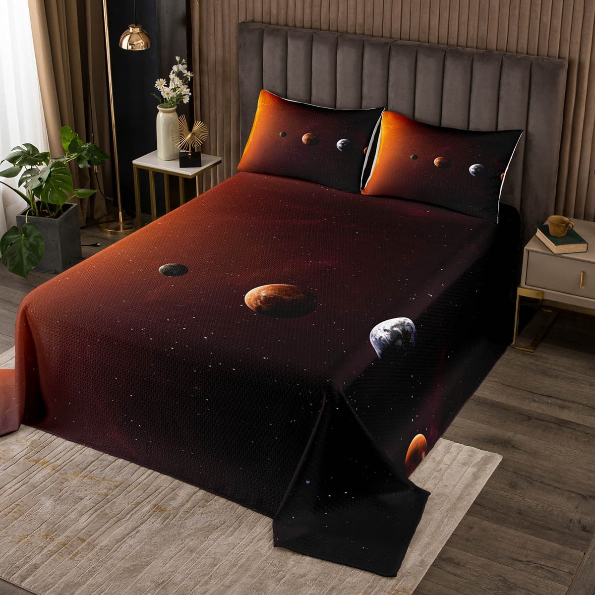 YST Universe Themed Bedspread Queen Size Outer Space Quilt Set for Boys
