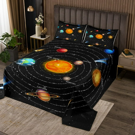 Erosebridal Universe Themed Decor Bedspread Outer Space Quilt Set Queen Size, Solar System Coverlet Set Teens Space Planet Print Bed Set 3 Pcs Space Theme Bedding