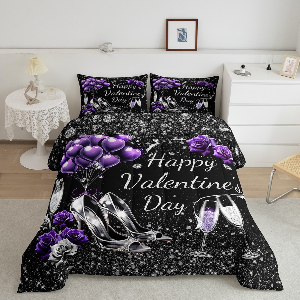 YST Valentine'S Comforter Twin Romantic Purple Rose Bedding Set Glitter