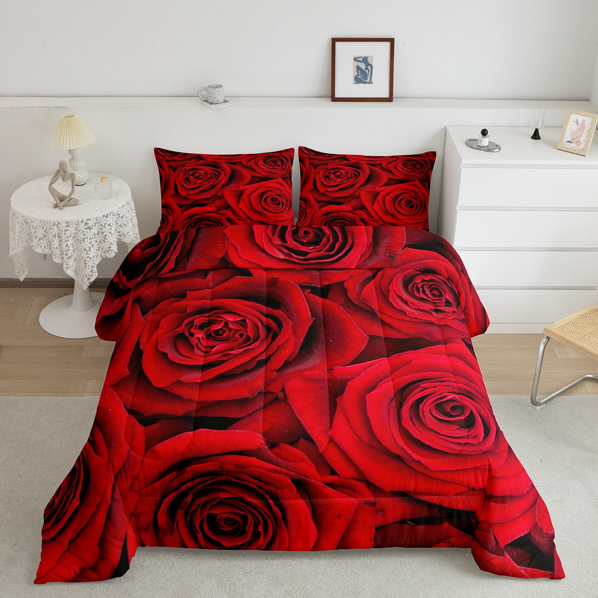 YST Valentine's Day Bedding Set Twin, Red Rose Comforter Set, Romantic