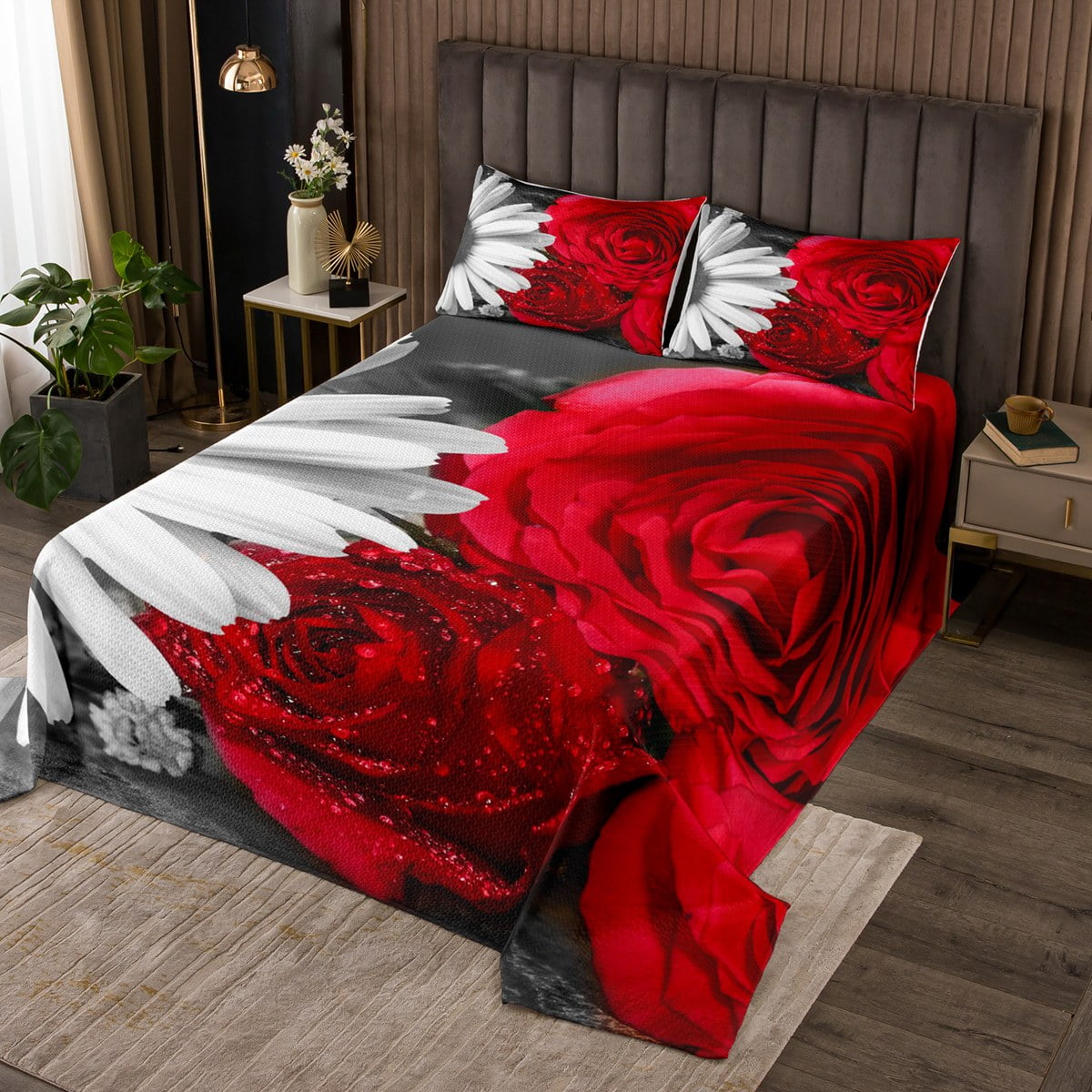 YST Valentine's Day Quilt Set King 3 Piece, 3D Red Rose Coverlet Set