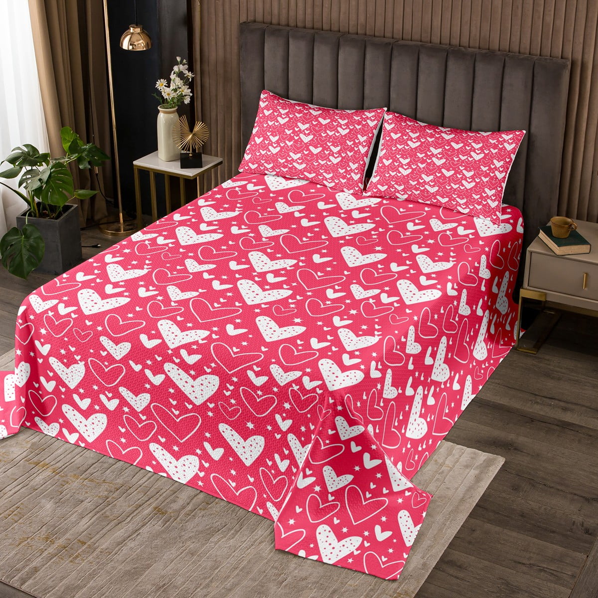 YST Valentine's Day Quilt Set Queen, Romantic Love Hearts Bedspread Set For Couple Kids, Kawaii