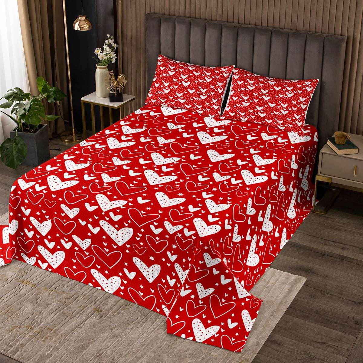 YST Valentine's Day Quilt Set Twin, Romantic Love Hearts Bedspread Set