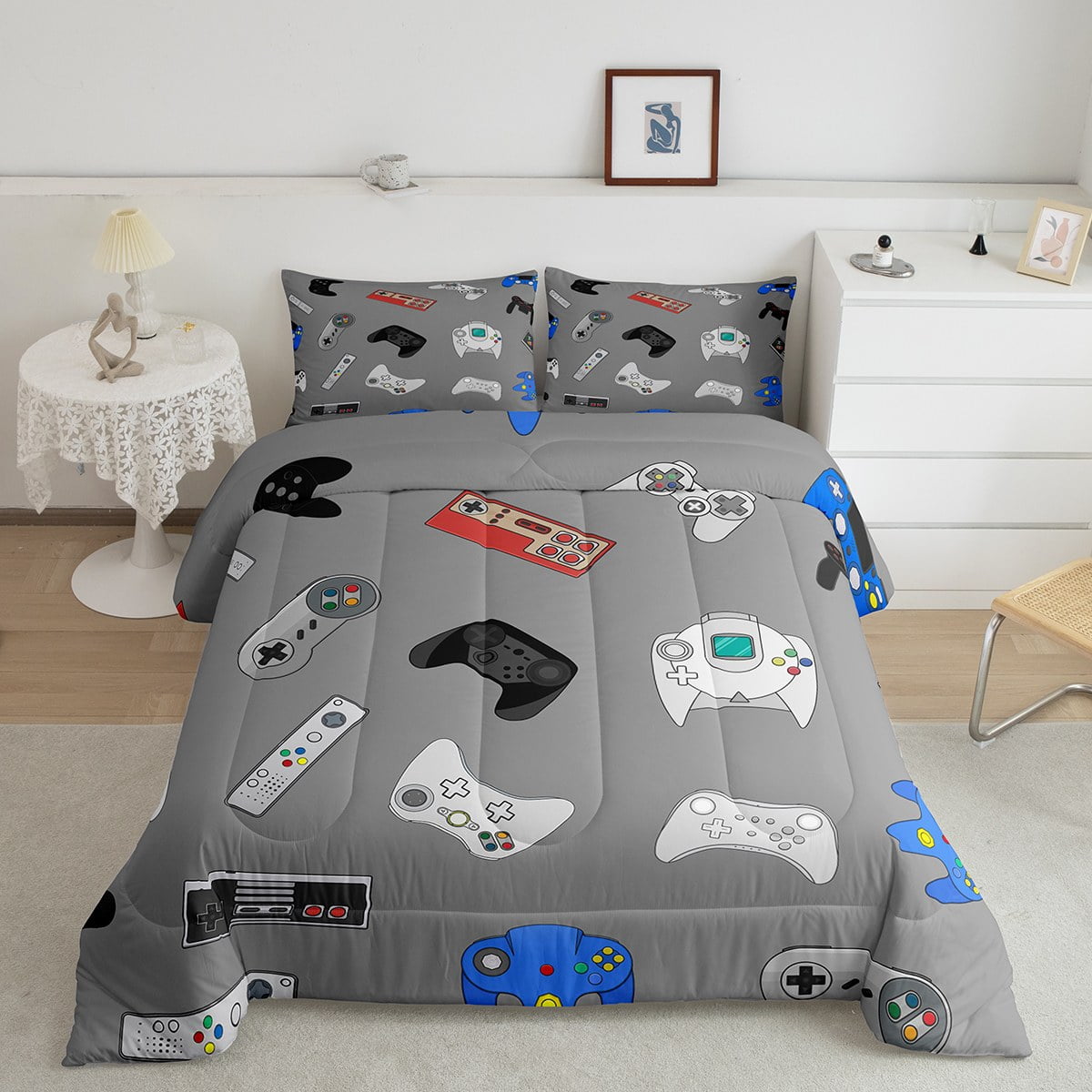 YST Video Game Comforter Set Console Gamer Gray Bedding Set for Kids