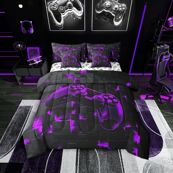 Video Games Bedding Queen Size 7pcs Teens Gaming Comforter Set, Geometric Plaid Bedding Comforter Sets Black and Purple Bed in a Bag, Gradient Glowing Grid Bed Sheets Set