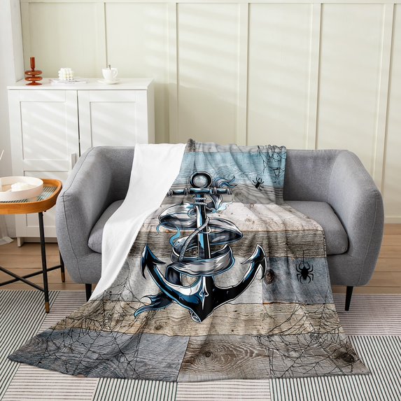 Vintage Anchor Blanket Throw 50x60 Inch,Sea Hunting Throw Blanket for Man,Retro Grunge Wooden Plank Fleece Blanket All Season,Black Spider Web Fuzzy Blanket for Living Room