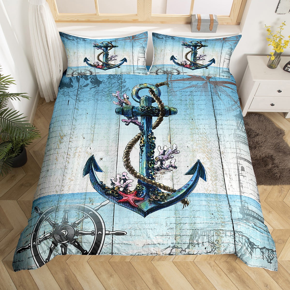 YST Vintage Anchor Comforter Cover Teal Aqua Blue Bed Set, Nautical
