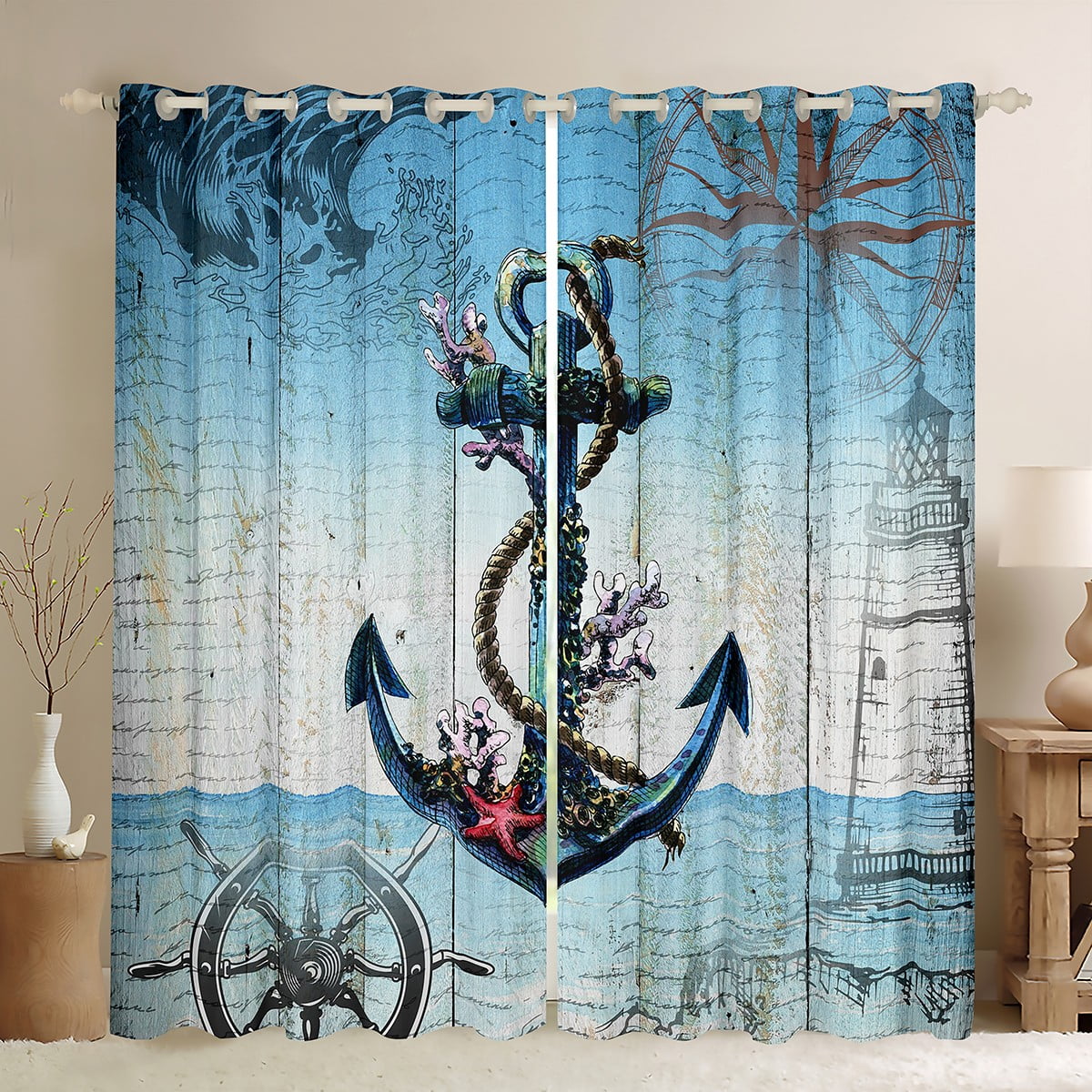 YST Vintage Anchor Curtains & Drapes Teal Aqua Blue Curtains, Nautical