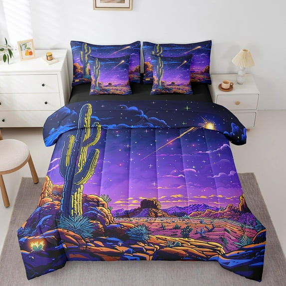 Vintage Cactus Bed in a Bag Twin Comforter Set 7 Piece,Rustic Farmhouse Western Bedding Sets Wild West Desert Stars Galaxy Sheet Set with Comforter,Purple Green Brown
