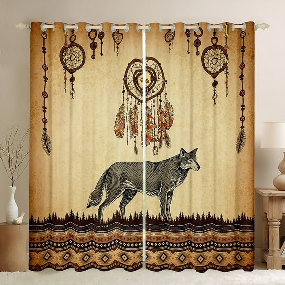Erosebridal Vintage Dream Catcher Window Curtains Jungle Wolf Curtains & Drapes Tribal Feathers Blackout Curtains Western India Geometric Aztec Curtains 42x63 inch for Living Room,Grunge Brown