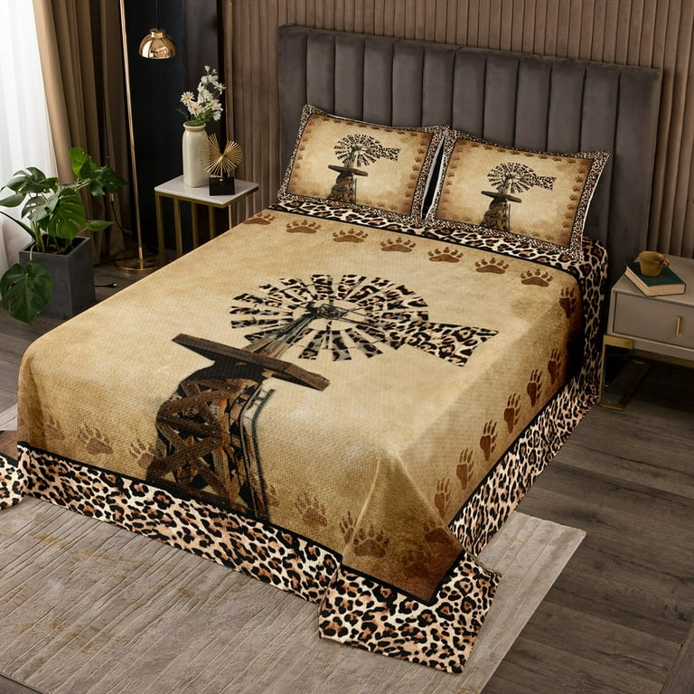 YST Vintage Farmhouse Coverlet King Size Old Fashion Windmill Bedding Set Brown Leopard Print Bedspread Set Grunge Cheetah Printed Quilt Set Farm Style Bed Set Microfiber Walmart