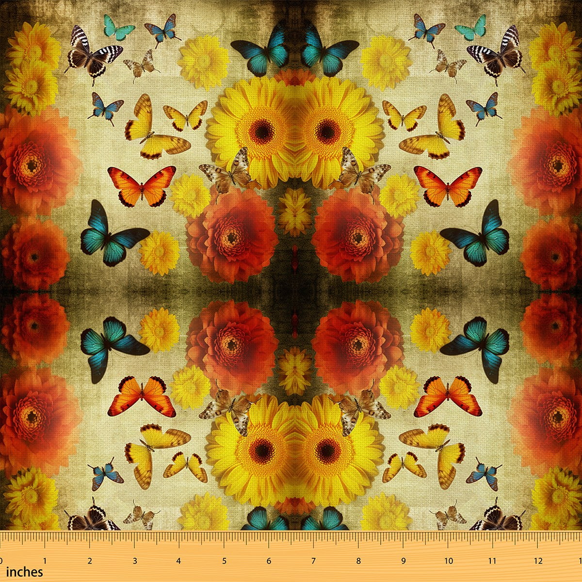 YST Vintage Floral Fabric by the Yard,Orange Yellow Green Butterflies