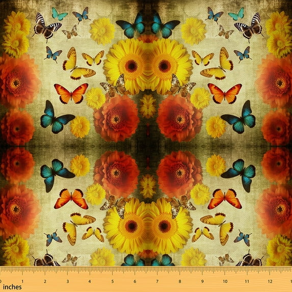 Vintage Floral Fabric by the Yard,Orange Yellow Green Butterflies Upholstery Fabric,Retro Groovy Flowers Indoor Outdoor Fabric,Oil Painting Bohemian Style Decorative Fabric,3 Yards
