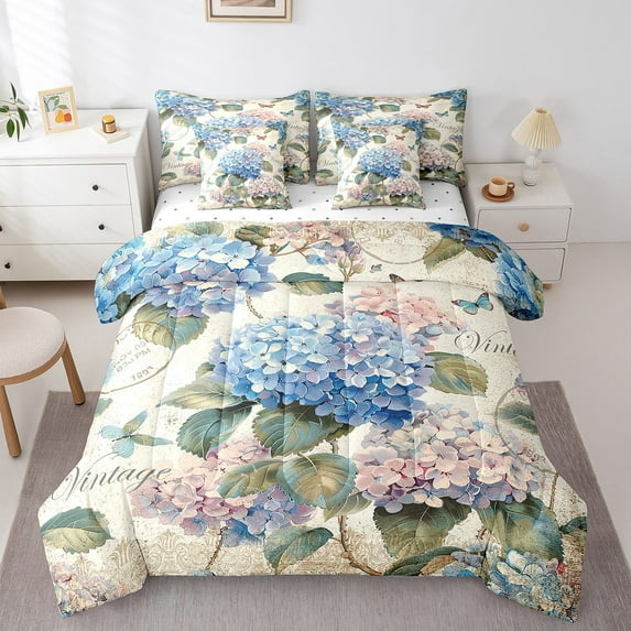 Erosebridal Vintage Hydrangea Flower Bed in a Bag 7pcs Retro Floral Bedding Set, Butterfly Queen Size Comforter Set Beige Grunge Bedding Comforter Sets, Spring Garden Blossoms Bed Set