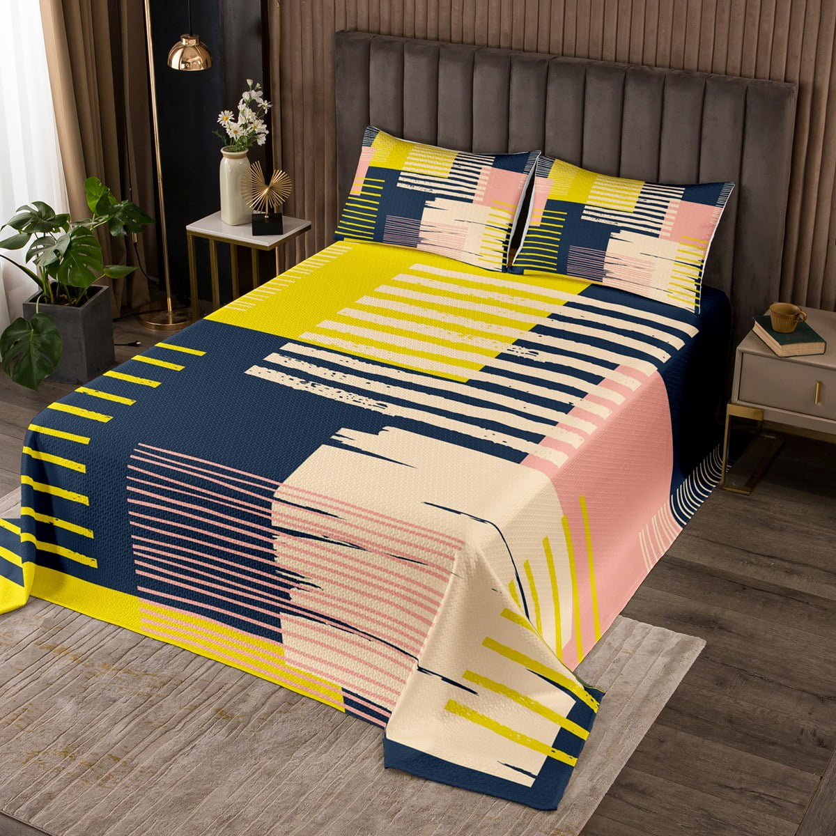 YST Vintage Mid Century Queen Quilt Set Retro Minimalism Coverlet Set