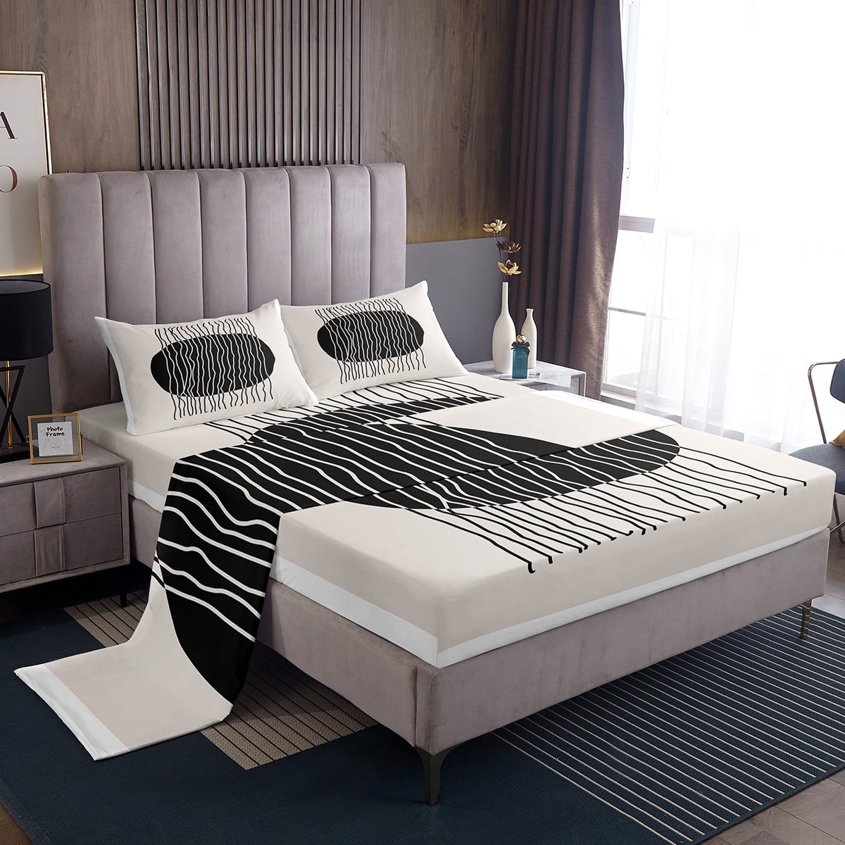 YST Vintage Minimalism Bed Sheets Set Mid Century Full Size Sheet Sets, Geometric Wave Line