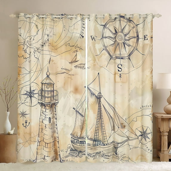 Vintage Nautical Curtains Retro Compass Lighthouse 30%-50% Blackout Curtains,Old Sailing Boat Curtains & Drapes World Nautical Map Bedroom Curtains,Grunge Beige Window Treatments