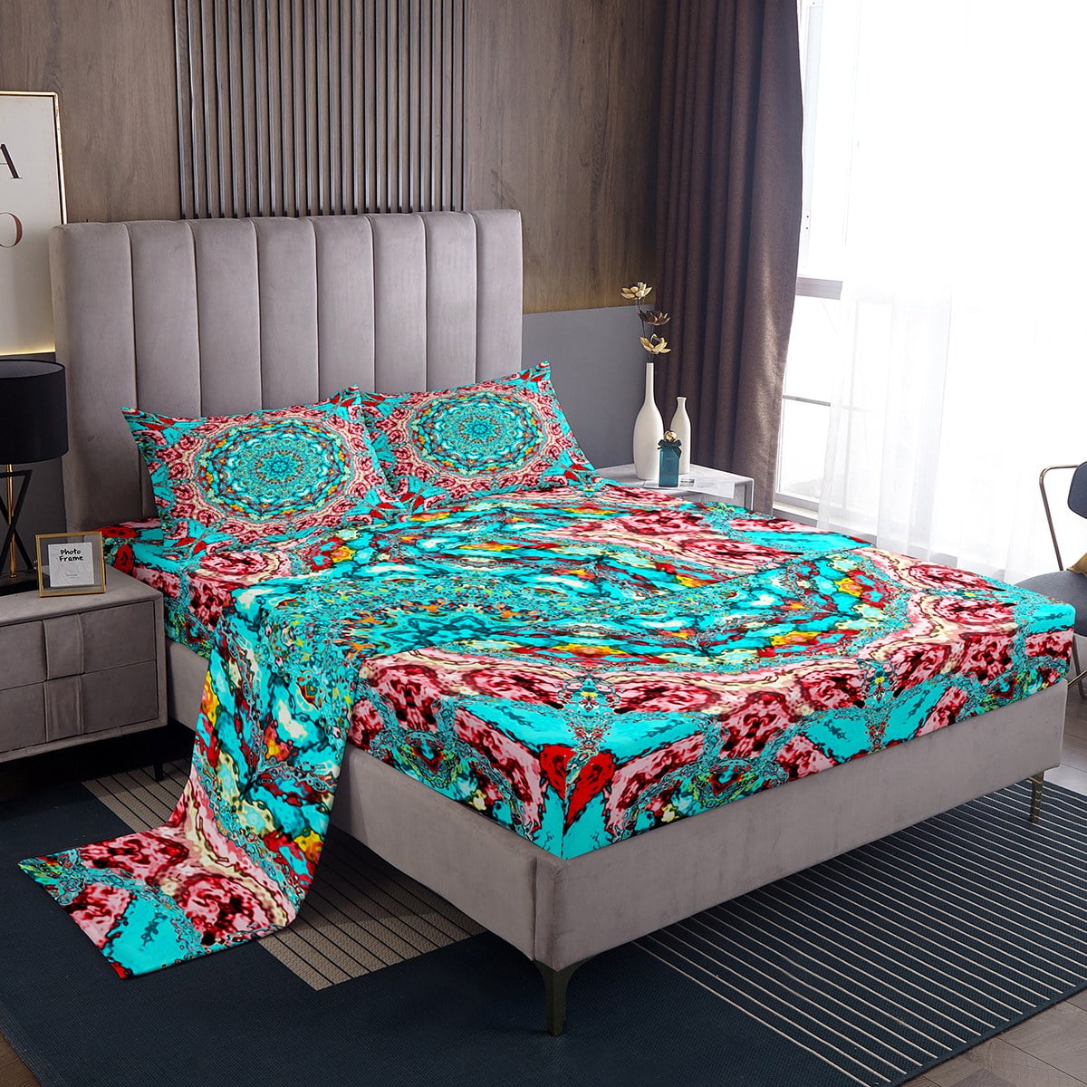 YST Vintage Oriental Bed Sheets Set Teal Abstract Art Queen Size Sheet ...