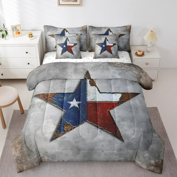 Vintage Texas Stars Bed in a Bag 7 Pieces Retro Flag Print Bedding Set, Grunge Grey Twin Size Comforter Set Texas Star Bedding Comforter Sets, American Flag Pattern Bed Set