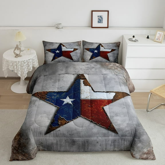Vintage Texas Stars King Size Comforter Set Retro Flag Print Bedding Set, Grunge Grey Down Comforter Texas Star Bed Set, American Flag Pattern Quilted Duvet