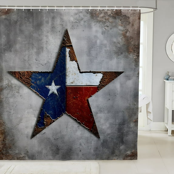 Vintage Texas Stars Waterproof Bathroom Curtain Retro Flag Print Bath Curtain,Grunge Grey Shower Curtain Texas Star Bathroom Curtains,American Flag Pattern Shower Set