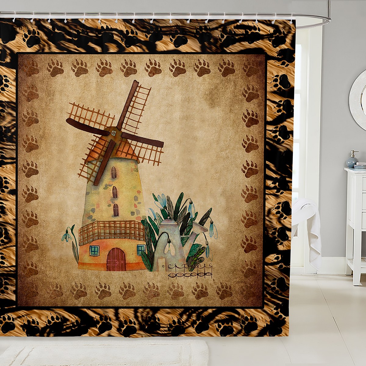 YST Vintage Windmill Bathroom Curtain Retro Brown Grunge Bath Curtain
